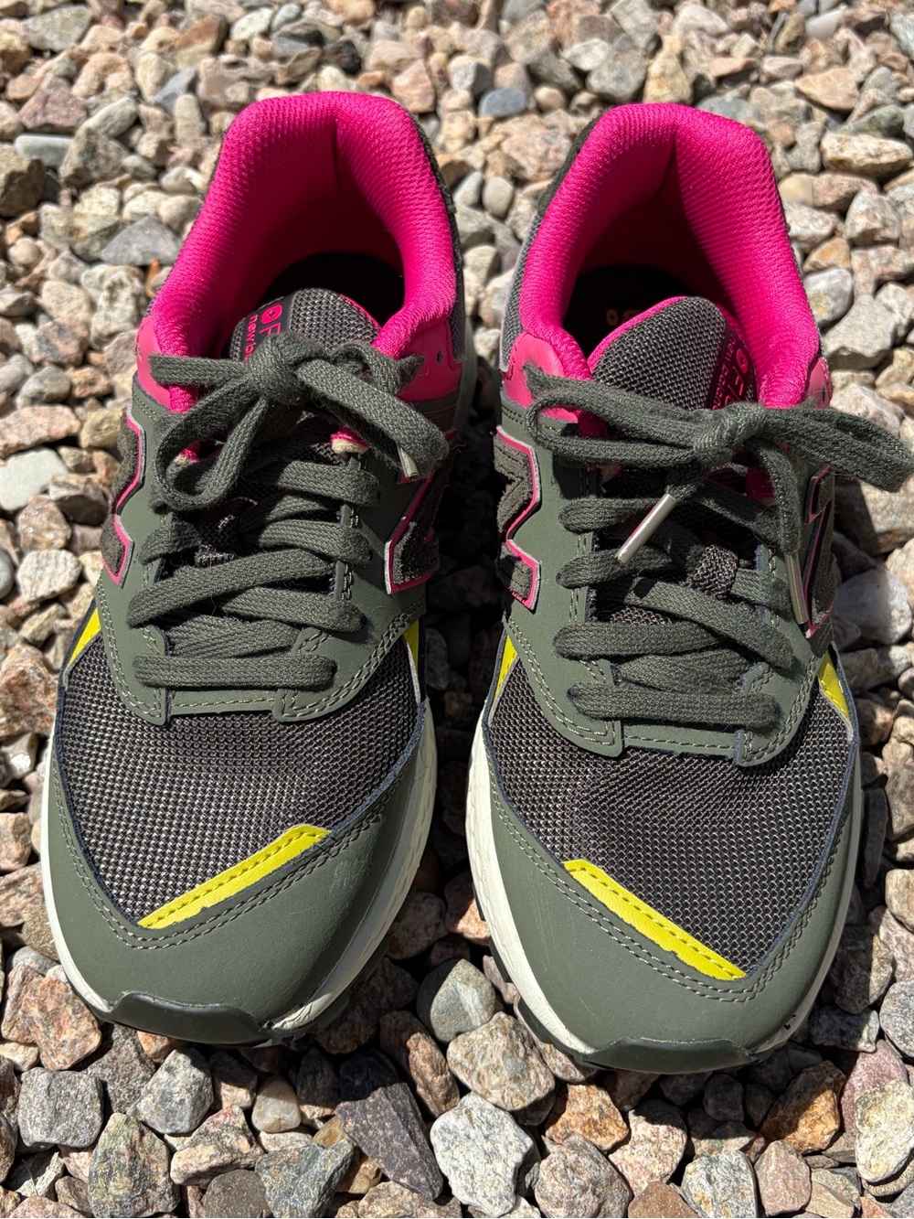 New Balance Olive Green Sneakers with Pink Lining and chartreuse Accents
